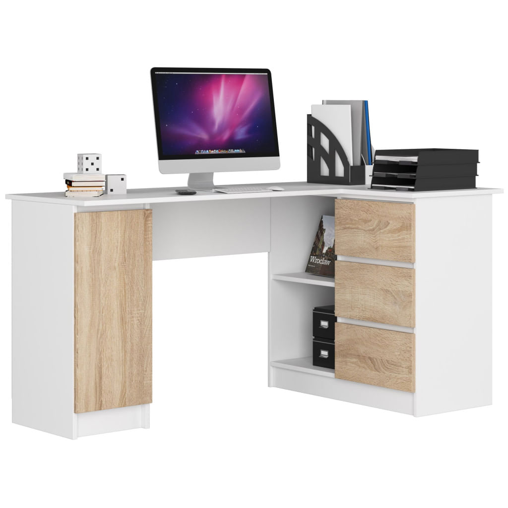 Birou colt dreapta in L cu 3 sertare si rafturi, PAL laminat 16 mm, 155x85x77 cm, alb si stejar sonoma — imaginea 5