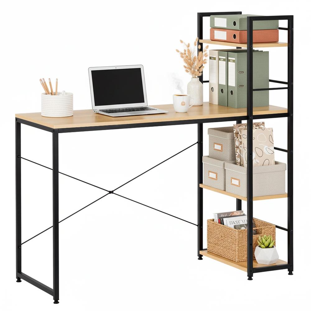 Birou cu blat MDF si rafturi laterale, cadru metalic, 120x48x122 cm, maro deschis — imaginea 21