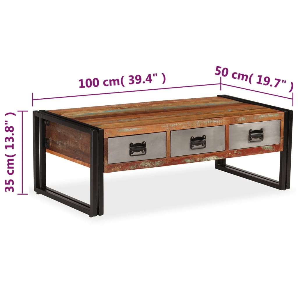 Masuta de cafea cu 3 sertare, 100x50x35 cm, lemn masiv reciclat — imaginea 9