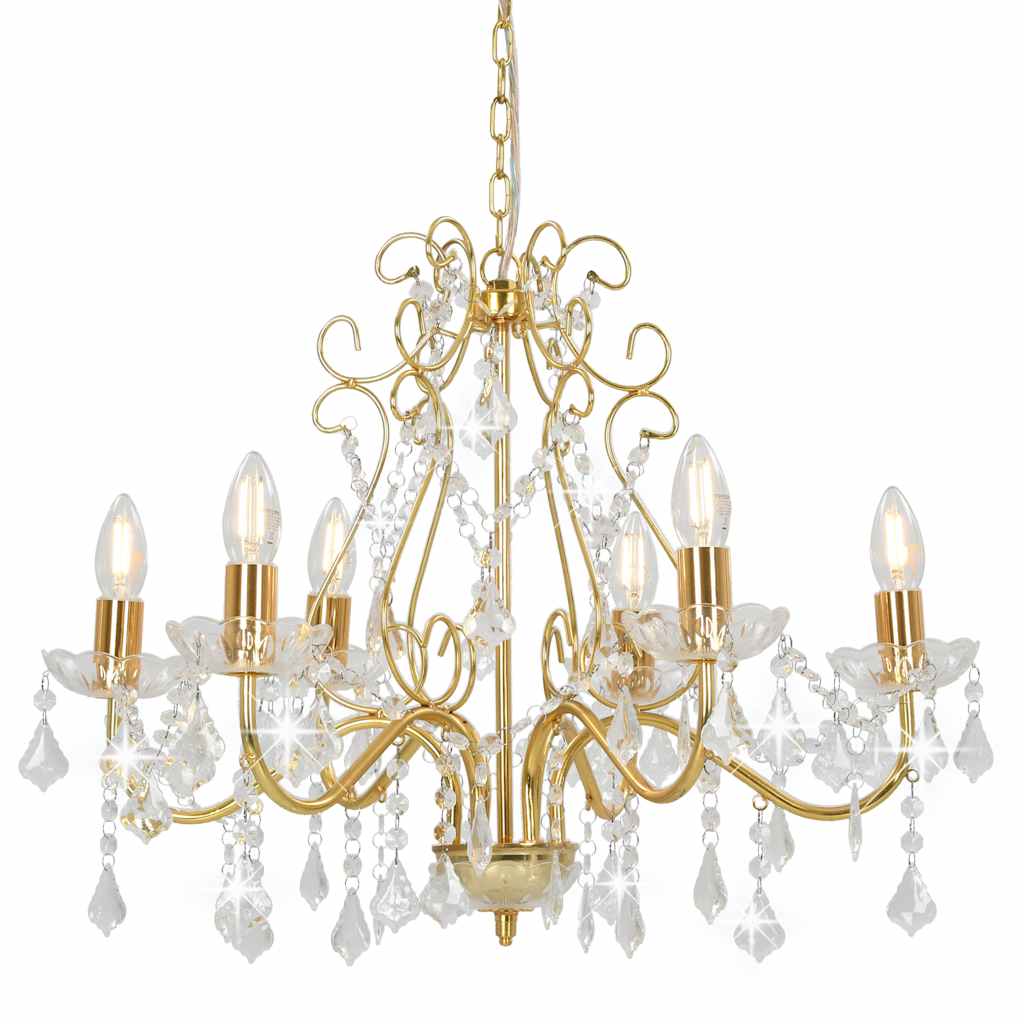 Candelabru cu margele de cristal, auriu, rotund, 6 x E14
