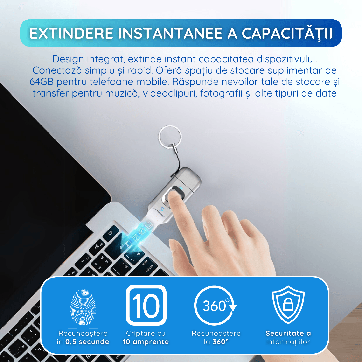 Stick USB 16 GB, USB 3.0 + Type-C, Criptare Amprenta, Carcasa Metalica, Compatibil Laptop si Telefon