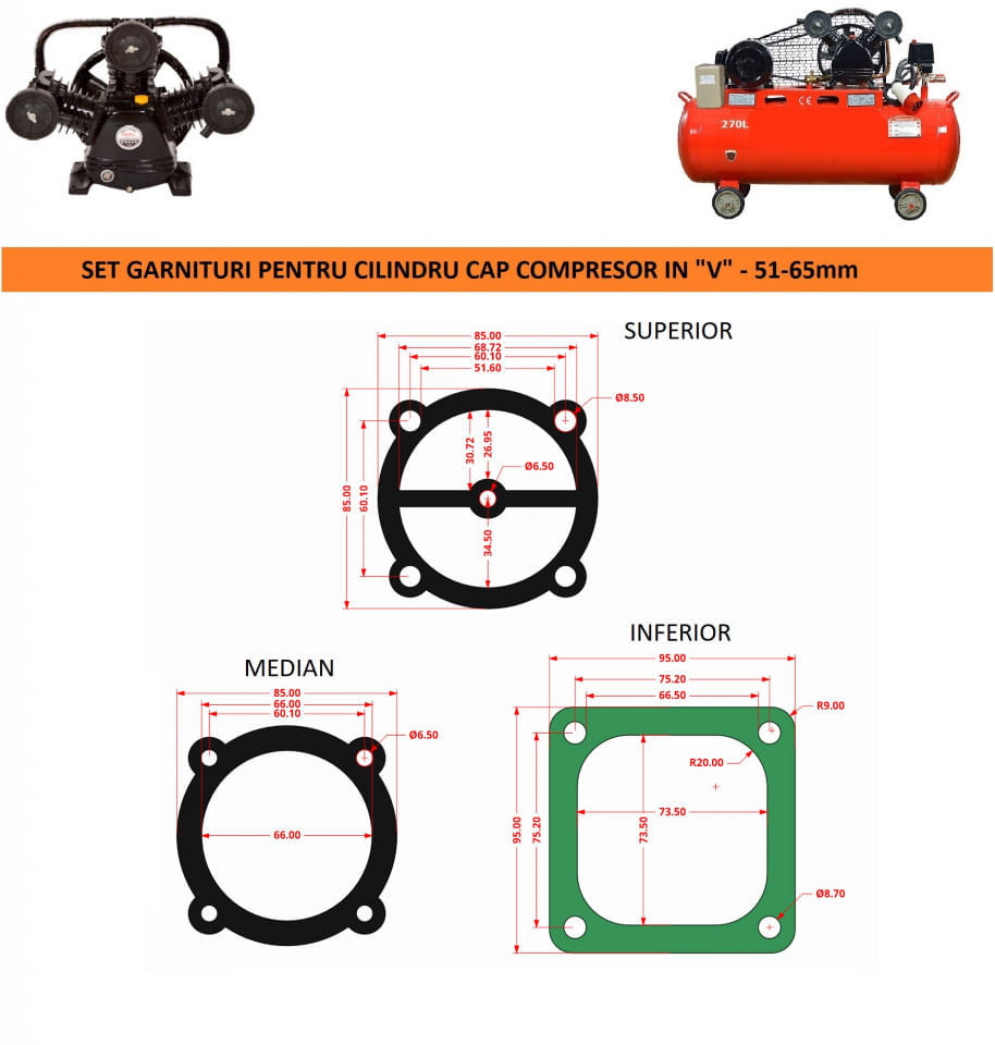 Garnituri set pentru cap compresor de aer V 65mm CH080 Mod.3(I) — imaginea 2