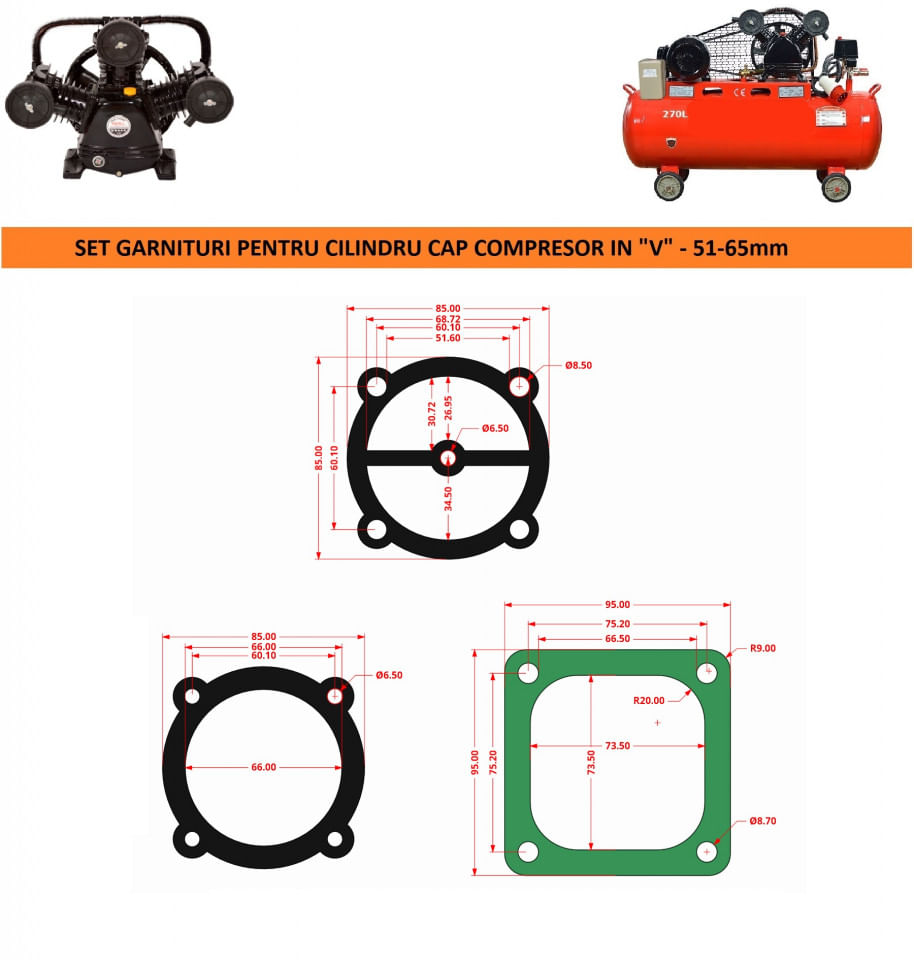 Garnituri set pentru cap compresor de aer V 65mm CH080 Mod.3(I) — imaginea 3