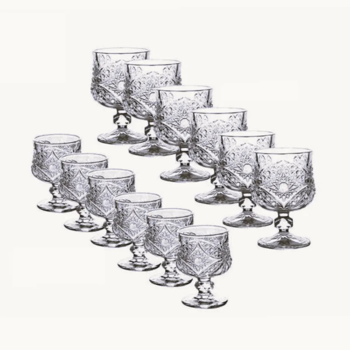 Set 12 Pahare din Sticla cu Picior Decorativ Model Vintage Elegant, 6 x 150ml, 6 x 40ml, pentru Lichior si Aperitive