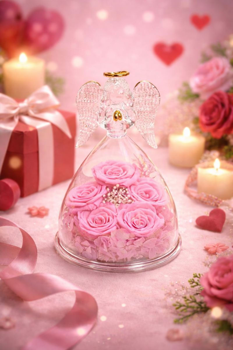 Inger cu 5 trandafiri eterni sub cupola de sticla, cadou romantic pentru iubita, sotie, mama, valentine’s day, roz - imagine 3