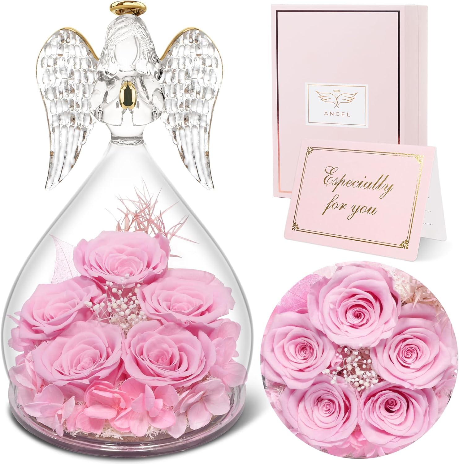 Inger cu 5 trandafiri eterni sub cupola de sticla, cadou romantic pentru iubita, sotie, mama, valentine’s day, roz - imagine 4