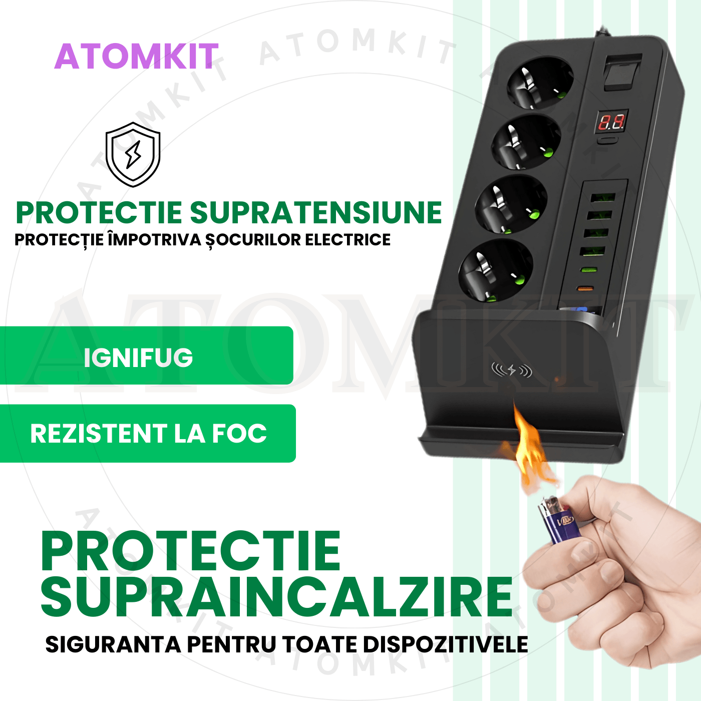 Prelungitor ATOMKIT® cu incarcare WIFI, 3000W, 4 prize AC, 4x USB-A 3.4A, 2x USB-C 20W, incarcator wireless Qi, Negru
