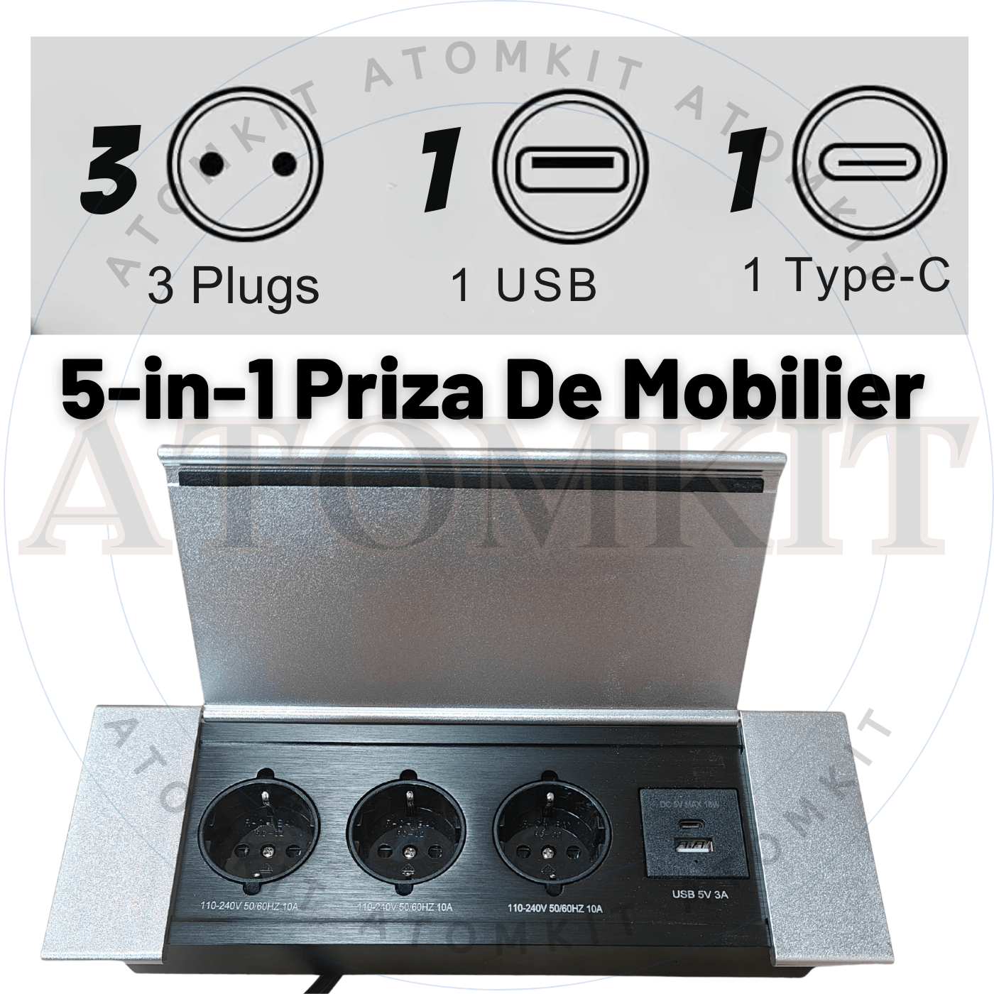 Priza incorporabila in blat, ATOMKIT, 3 prize standard, USB-C, USB-A, Design modern, incarcare rapida 18W, Capac