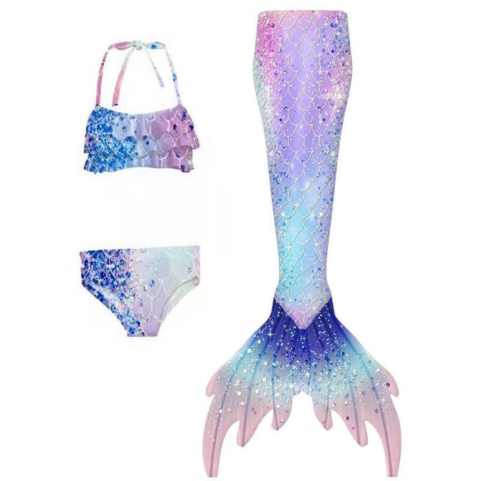 Set 3 piese costum de baie Sirena Ariel, Albastru Pastel, Include top, slip si coada - THK® - 150 cm - 11+ ani