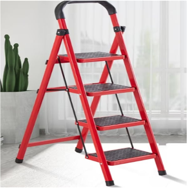 Scara pliabila metalica 4 trepte, antiderapanta, compacta, rosie, 145 cm - imagine 2