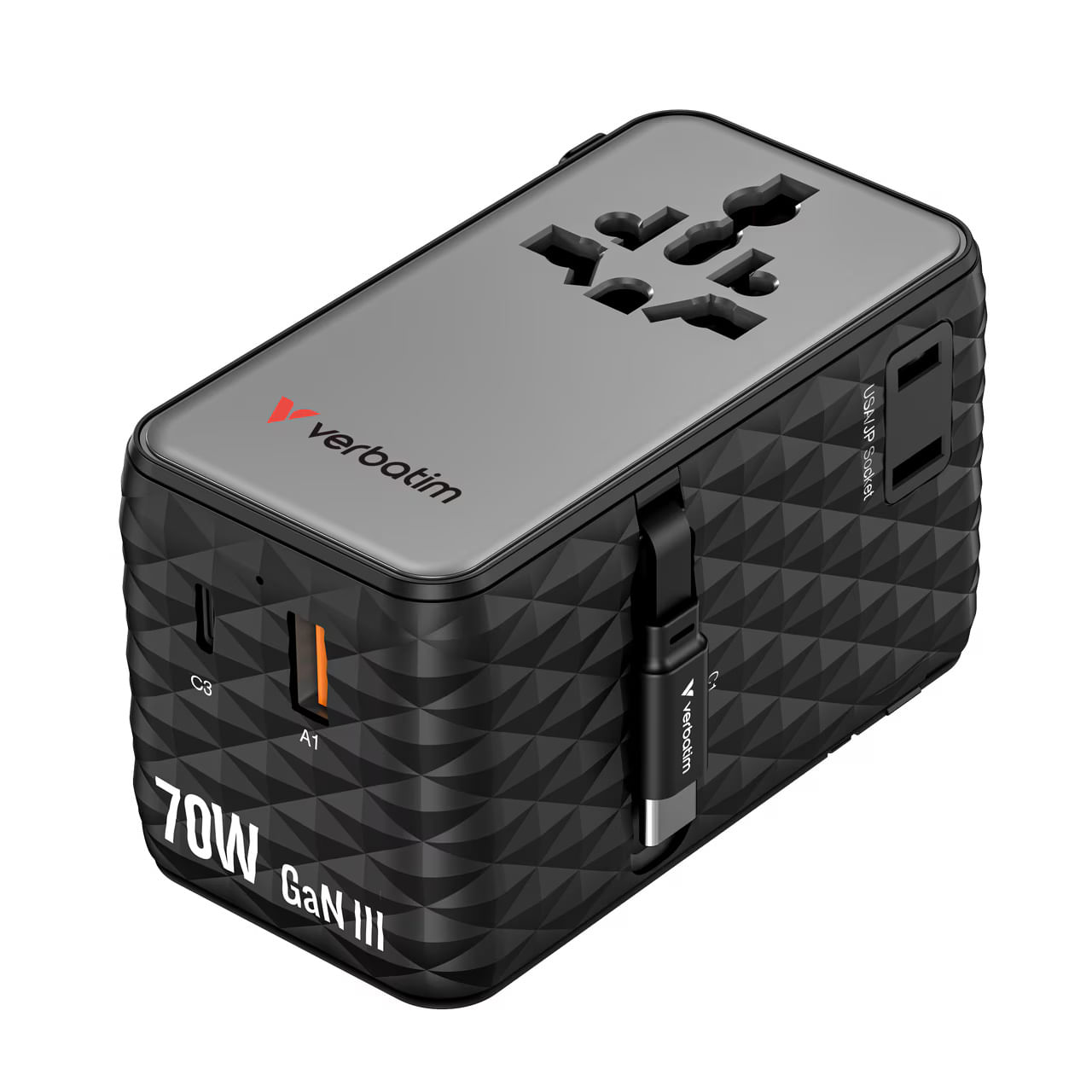 Adaptor calatorie Verbatim GaN,70W,2 cabluri retractabile, USB-C PD 3.0 QC4+ pana la 70W/USB-A QC 4+ pana la 60W, negru