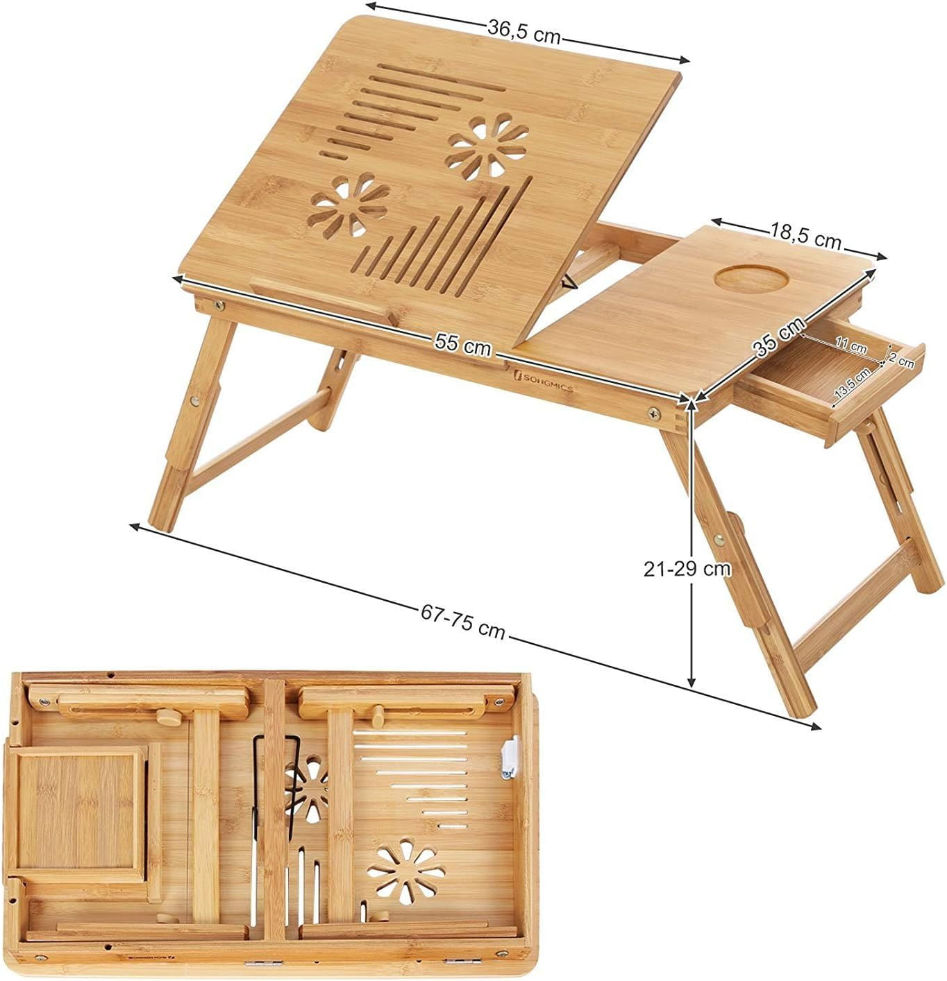 Masa de pat pentru laptop, plabila si reglabila, bambus, 55x35x29 cm, maro — imaginea 4