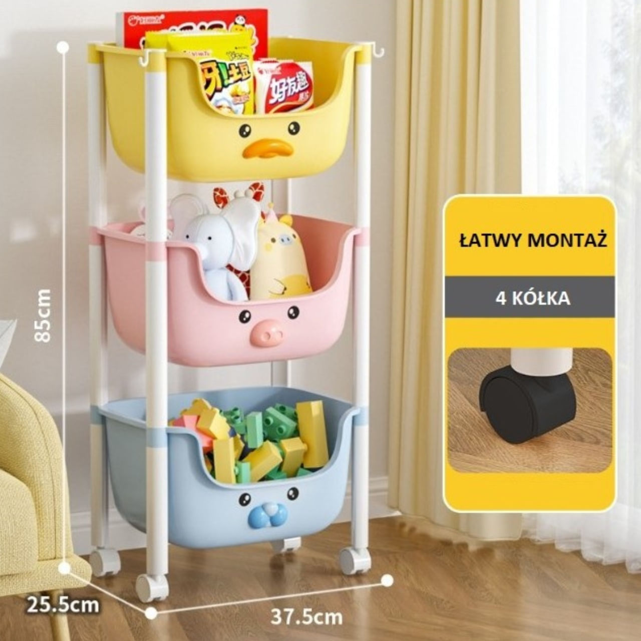 Raft 3 niveluri, din plastic cu roti, pentru copii, Ecarla, 85x37.5x25.5 cm, PO18KOL — imaginea 3