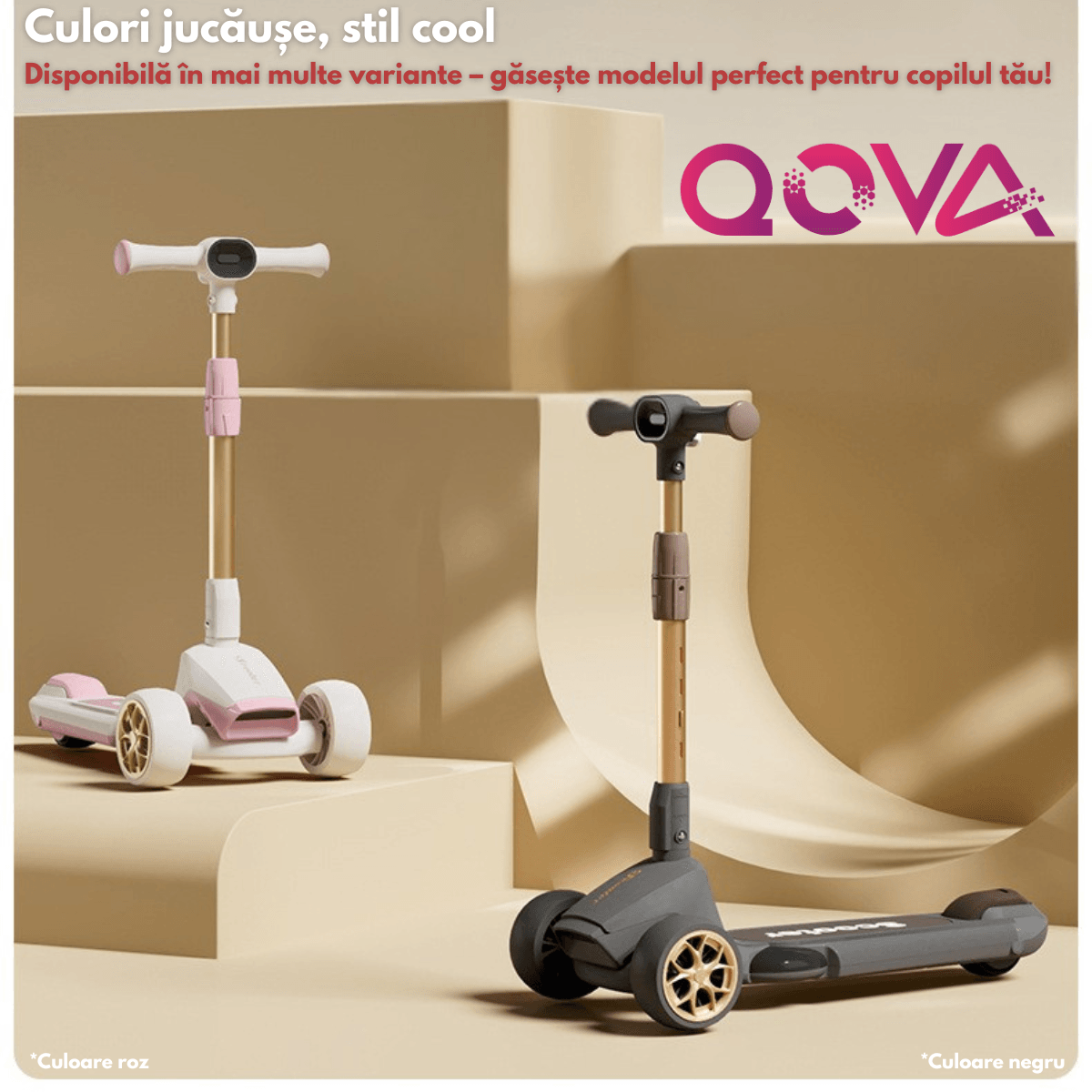 Trotineta pliabila pentru copii cu Lumini LED integrate, Qova®, Stabilitate superioara cu 3 roti, Frana sigura - imagine 4