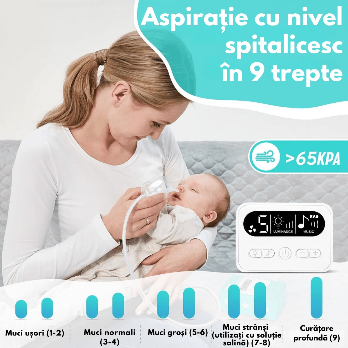 Aspirator nazal electric pentru bebelusi si copii silentios Qova®, 9 Trepte Aspiratie reglabile, 3 varfuri din Silicon - imagine 6