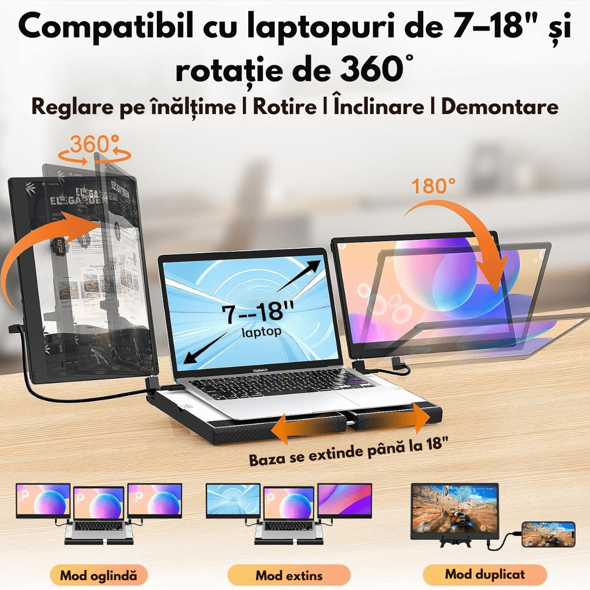 Monitor Extensibil si Portabil Dublu 14" FHD 1080p, Baza de Suport cu Racire, Extensie Ecran Qova® pentru Laptop