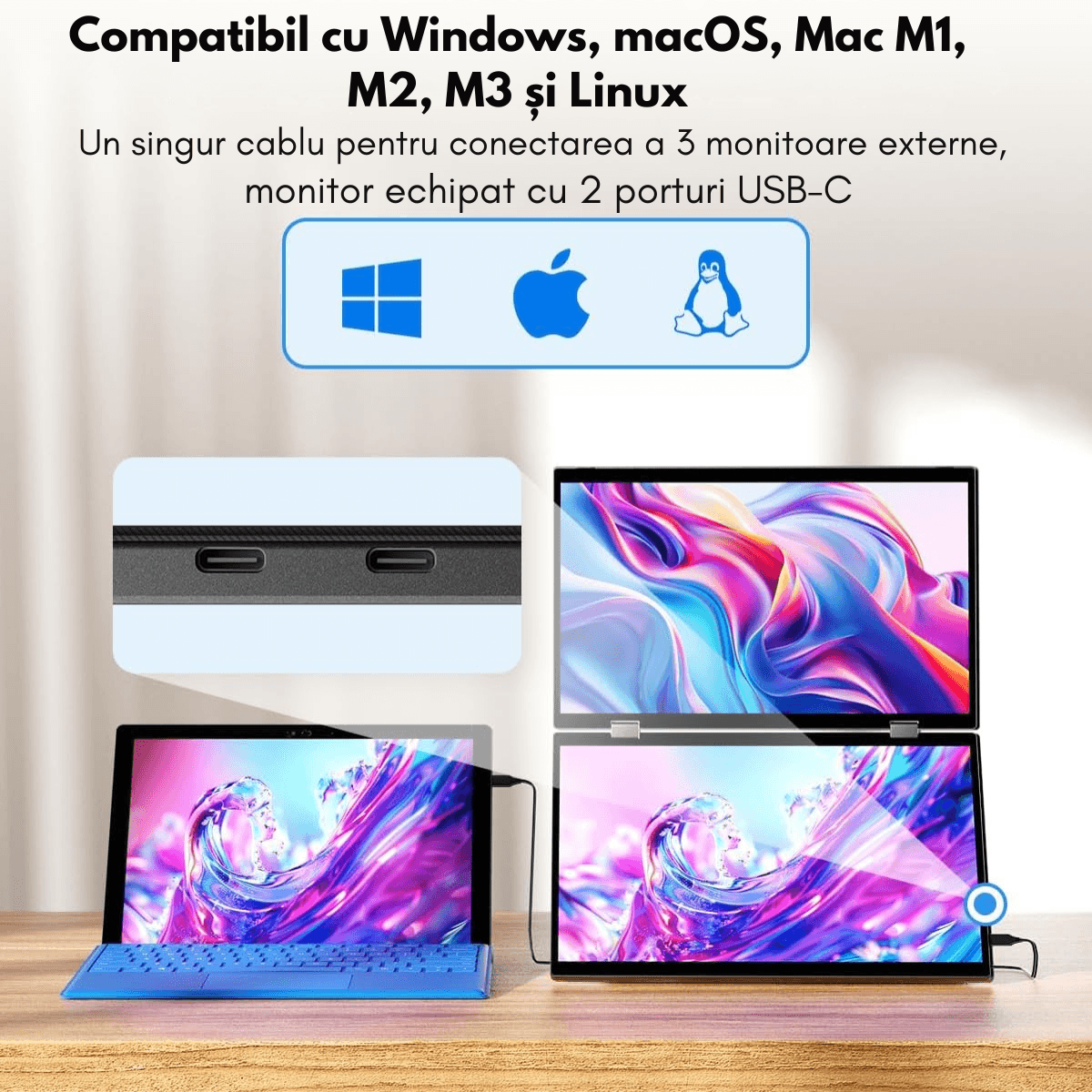 Monitor Dual cu Touchscreen, Pliabil si Portabil de 15.6 inch FHD pentru laptop, Qova®, Extender ecran 1080p, 360°