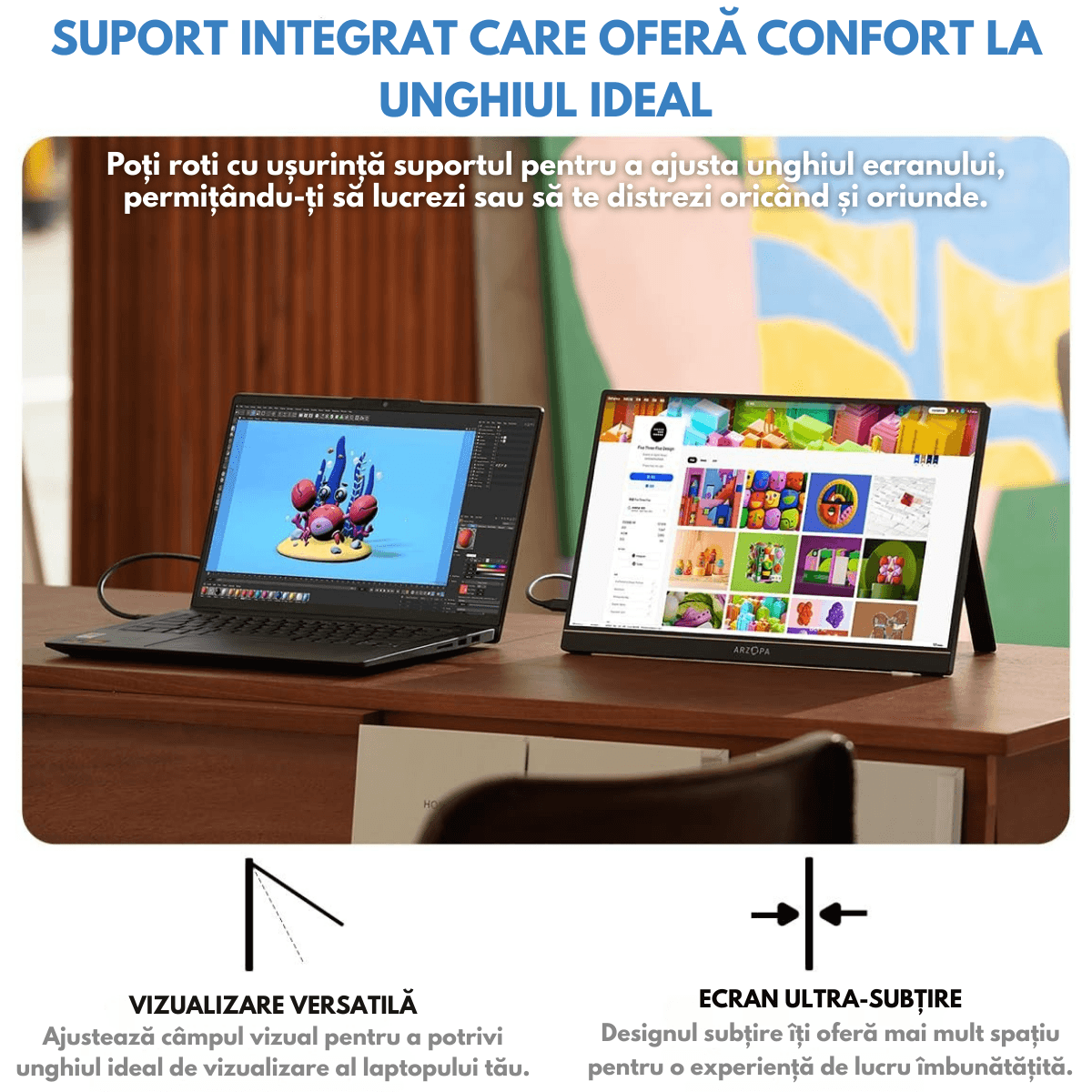 Monitor Portabil Arzopa & Qova® de 17.3" inch - FHD, 100% sRGB, HDR 1920x1080, USB-C & Mini HDMI – Ecran -Subtire, 60Hz