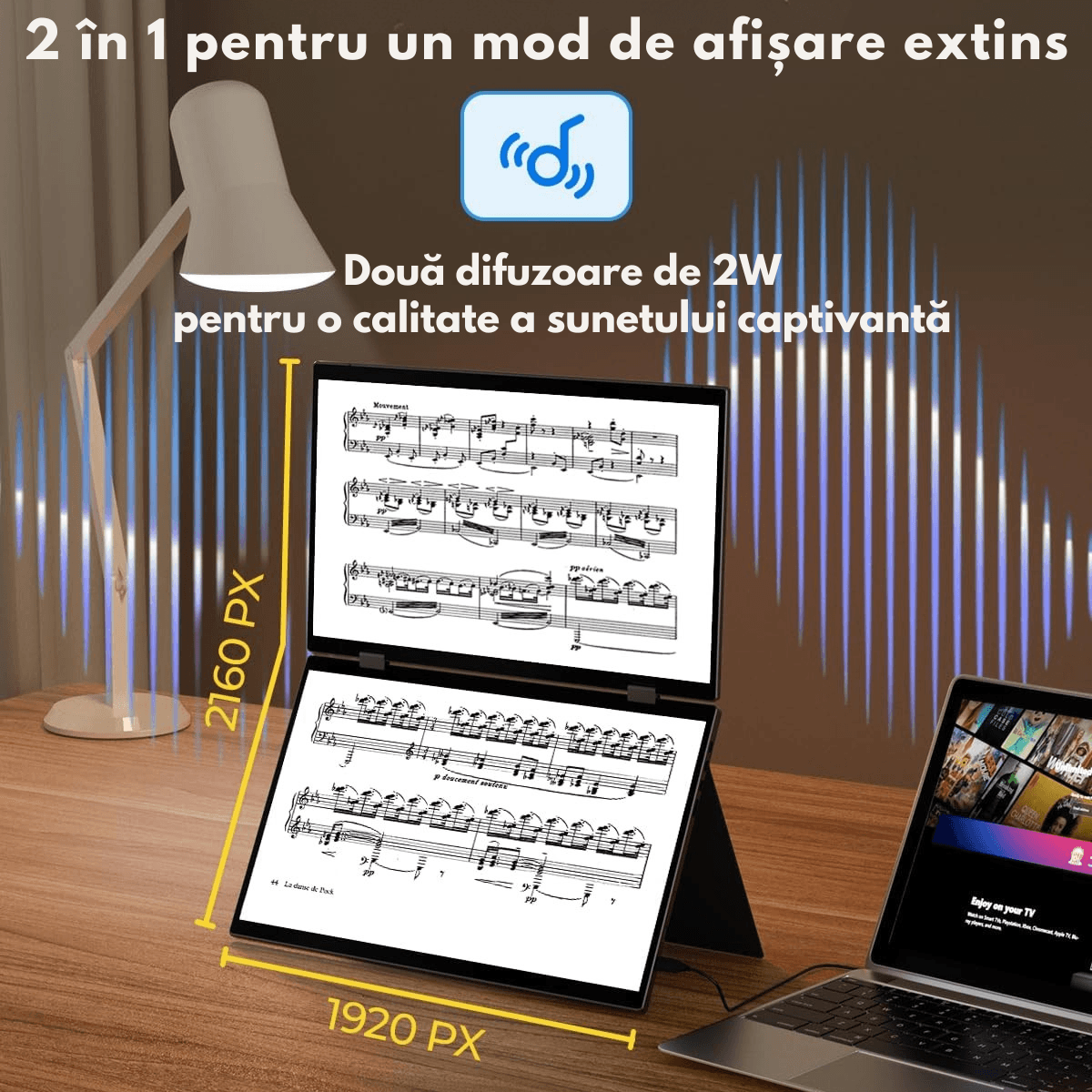 Monitor Dual Pliabil si Portabil de 15.6 inch FHD pentru laptop, Qova®, Extender ecran 1080p, 360° Rotatie, USB-C