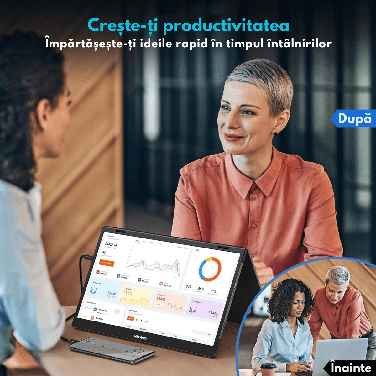 Monitor Pliabil si Portabil Dual 15.6 inch FHD pentru laptop, Qova®, Extender ecran IPS 1080p, 330° Rotatie,USB-C & HDMI
