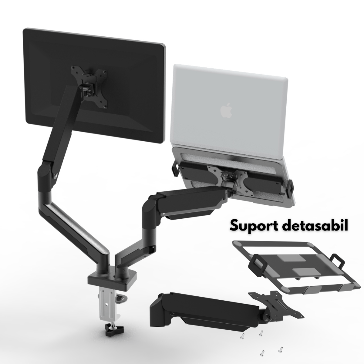 Suport Monitor dublu, pentru Birou, Multifunctional cu Brat dublu Reglabil,Suport Laptop inclus,Compatibil Ecrane 17-32"