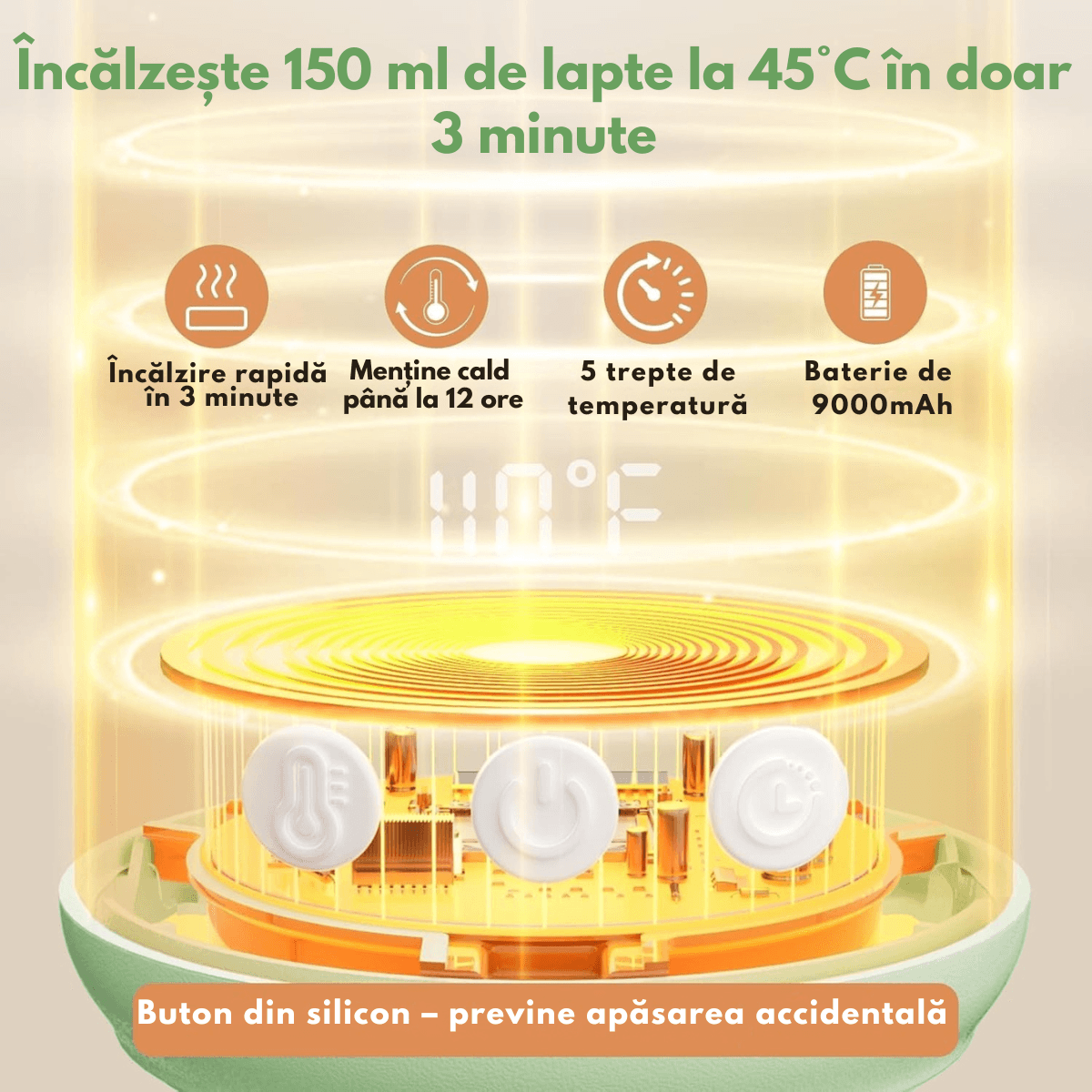 Incalzitor Portabil Inteligent pentru Lapte si Lapte Matern –9000 mAh, Incalzire Rapida in 3 Minute,5 Trepte Temperatura - imagine 6