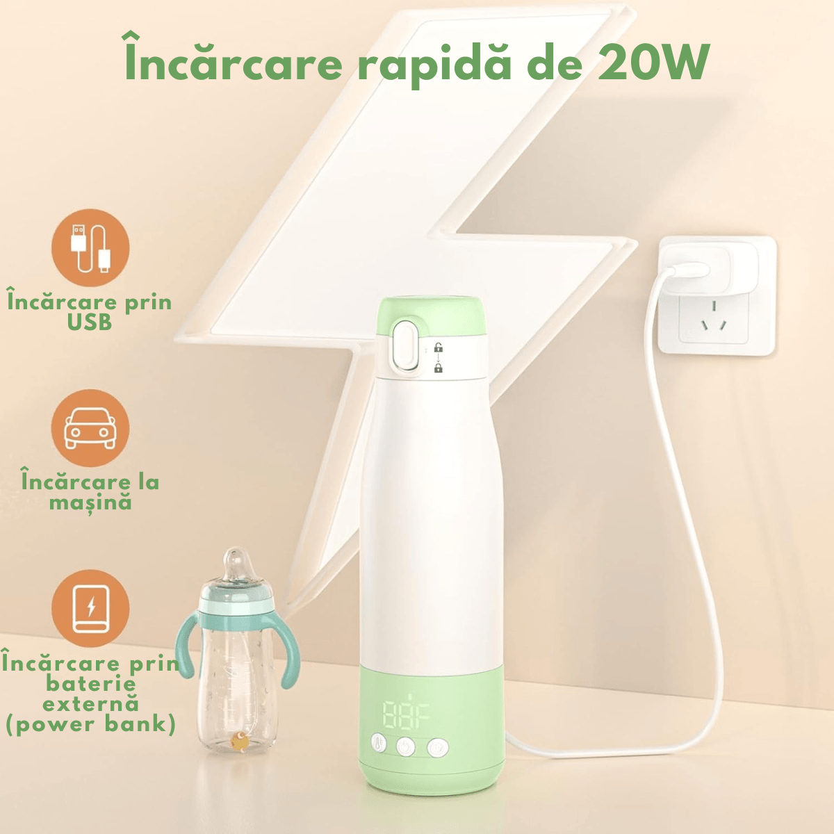 Incalzitor Portabil Inteligent pentru Lapte si Lapte Matern –9000 mAh, Incalzire Rapida in 3 Minute,5 Trepte Temperatura - imagine 10