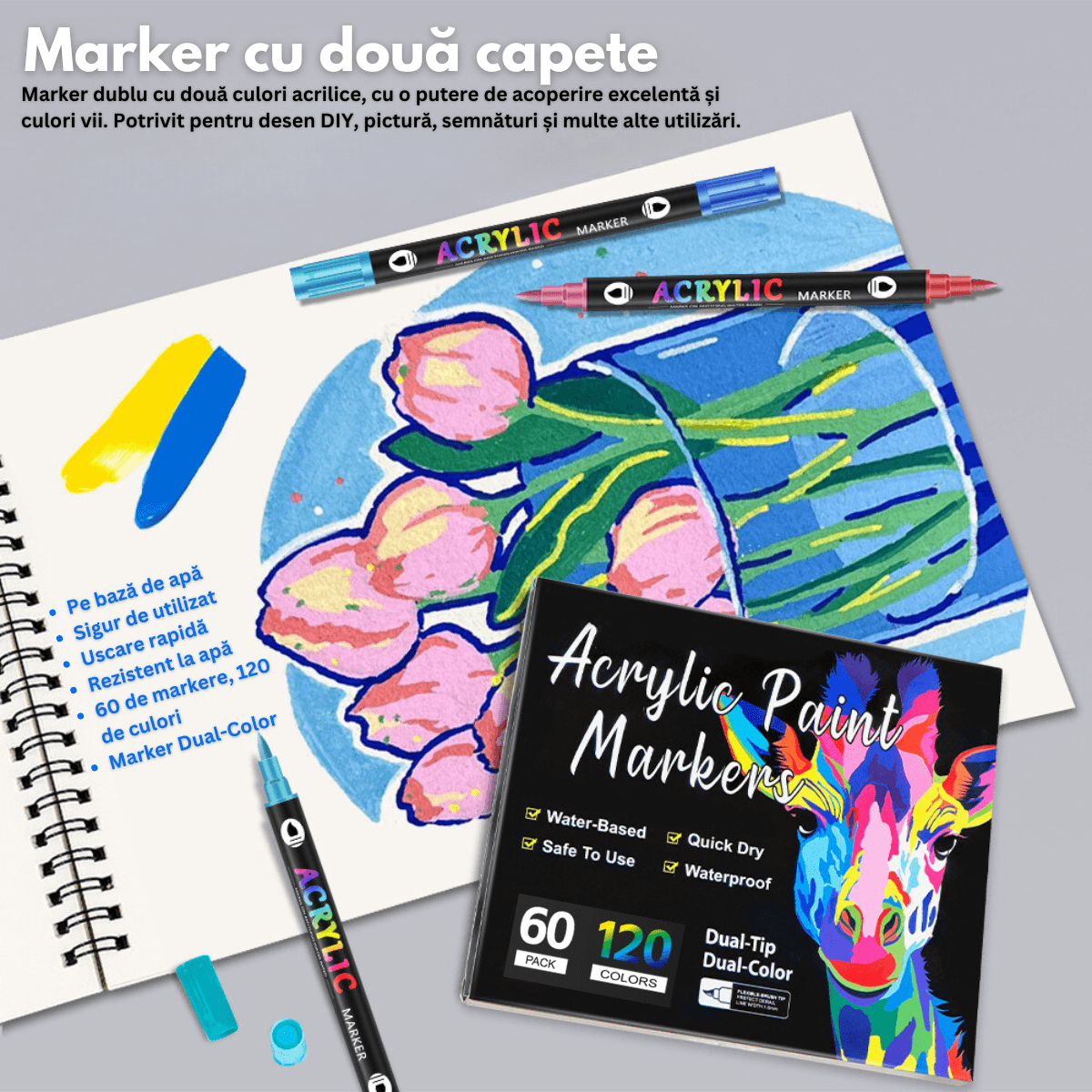 Set 60 carioci profesionale Acrilice cu Varf dublu, 120 Culori cu cerneala pe baza de apa, multicolore pentru desen - imagine 2