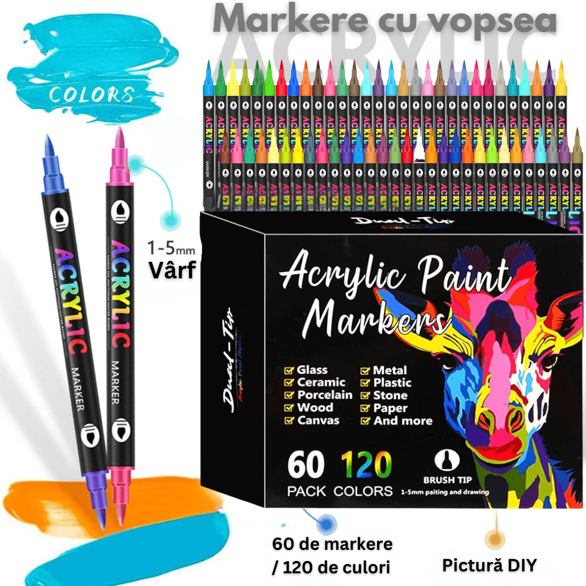 Set 60 carioci profesionale Acrilice cu Varf dublu, 120 Culori cu cerneala pe baza de apa, multicolore pentru desen - imagine 3