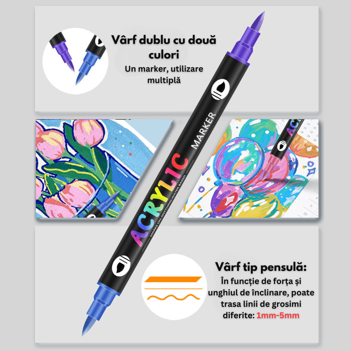 Set 60 carioci profesionale Acrilice cu Varf dublu, 120 Culori cu cerneala pe baza de apa, multicolore pentru desen - imagine 4