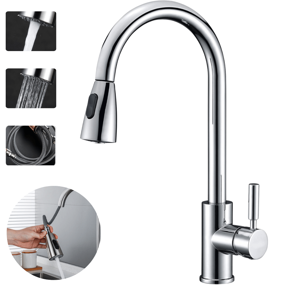 Baterie pentru chiuveta INCO®, cu cap extensibil, pentru Apa rece-calda, Multifunctionala, Rotire 360° cu 2 Moduri — imaginea 2