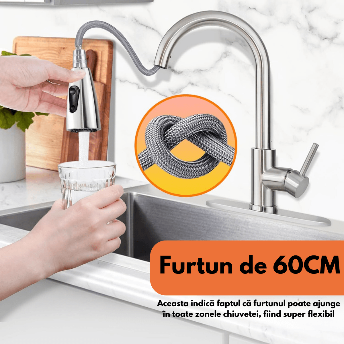 Baterie pentru chiuveta INCO®, cu cap extensibil, pentru Apa rece-calda, Multifunctionala, Rotire 360° cu 2 Moduri — imaginea 3