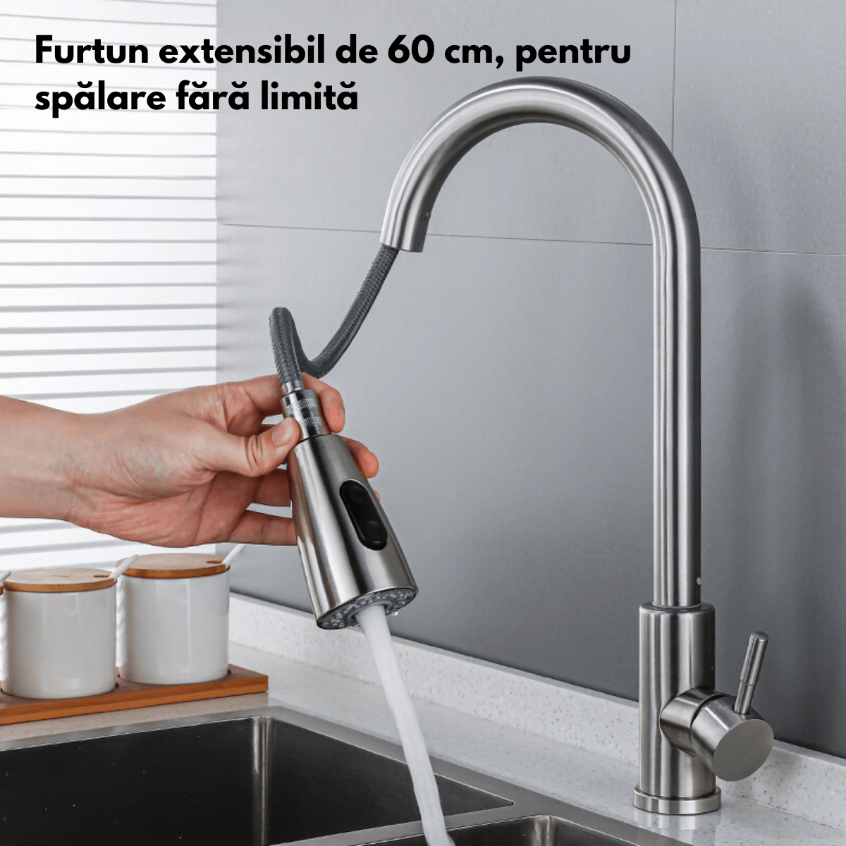 Baterie pentru chiuveta INCO®, cu cap extensibil, pentru Apa rece-calda, Multifunctionala, Rotire 360° cu 2 Moduri — imaginea 4