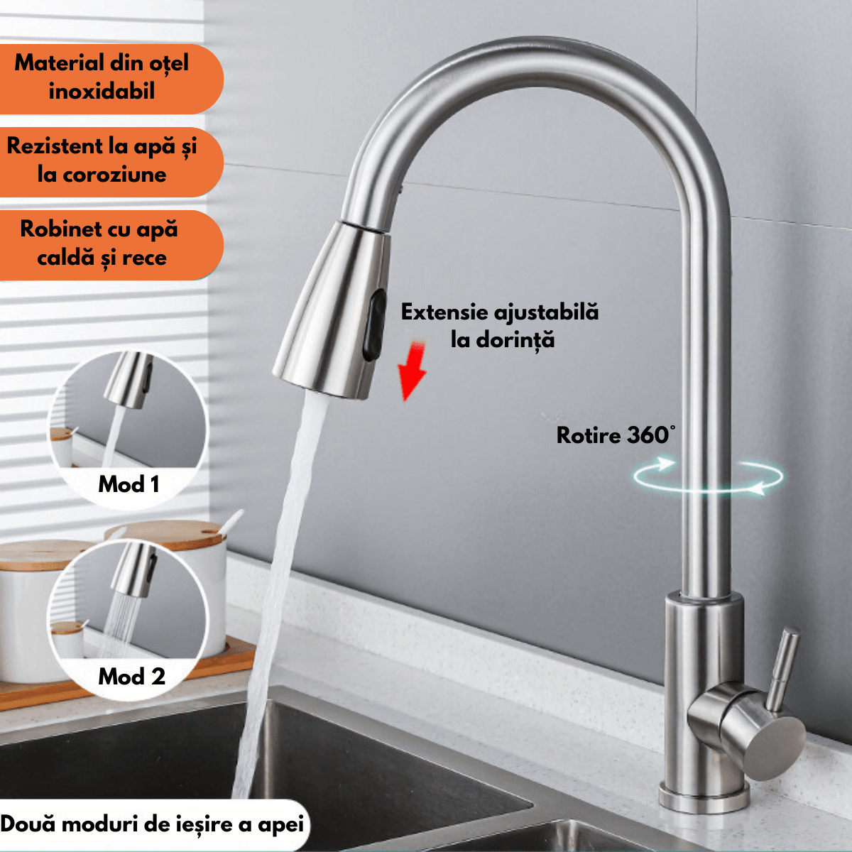 Baterie pentru chiuveta INCO®, cu cap extensibil, pentru Apa rece-calda, Multifunctionala, Rotire 360° cu 2 Moduri — imaginea 5