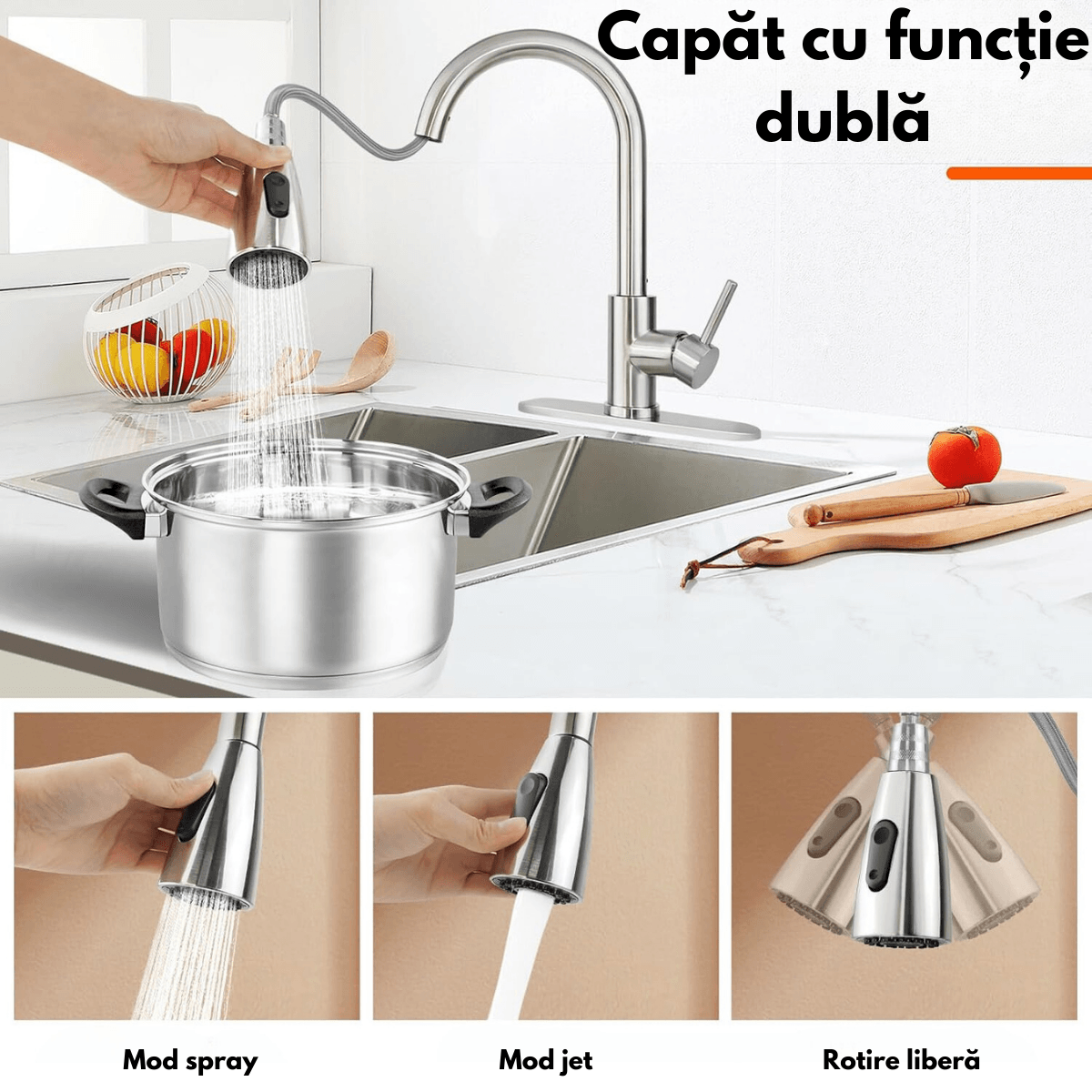 Baterie pentru chiuveta INCO®, cu cap extensibil, pentru Apa rece-calda, Multifunctionala, Rotire 360° cu 2 Moduri — imaginea 7