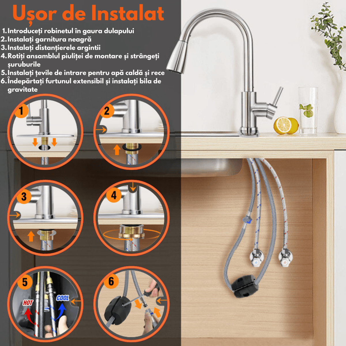 Baterie pentru chiuveta INCO®, cu cap extensibil, pentru Apa rece-calda, Multifunctionala, Rotire 360° cu 2 Moduri — imaginea 8