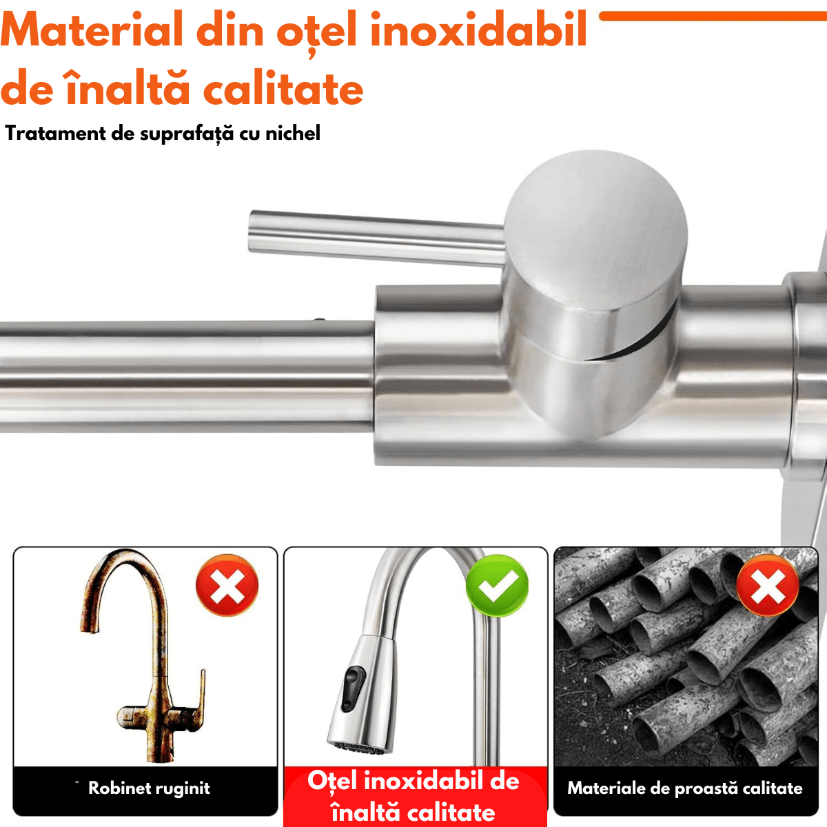 Baterie pentru chiuveta INCO®, cu cap extensibil, pentru Apa rece-calda, Multifunctionala, Rotire 360° cu 2 Moduri — imaginea 9