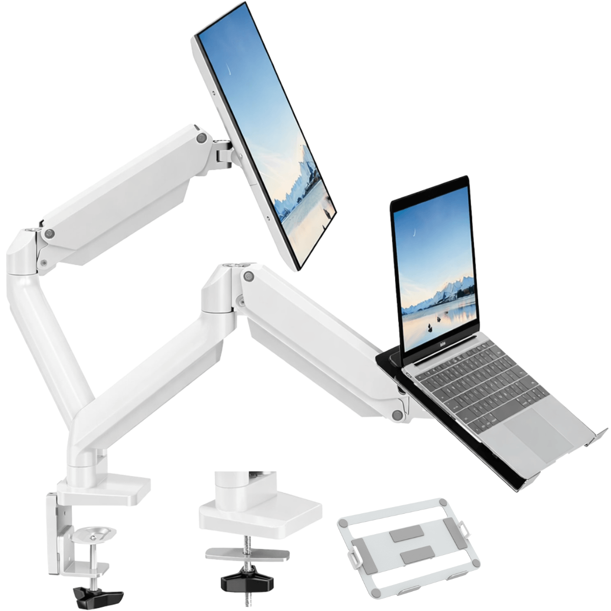 Suport Monitor dublu, pentru Birou, Multifunctional cu Brat dublu Reglabil, Suport Laptop, Compatibil Ecrane 17-32"