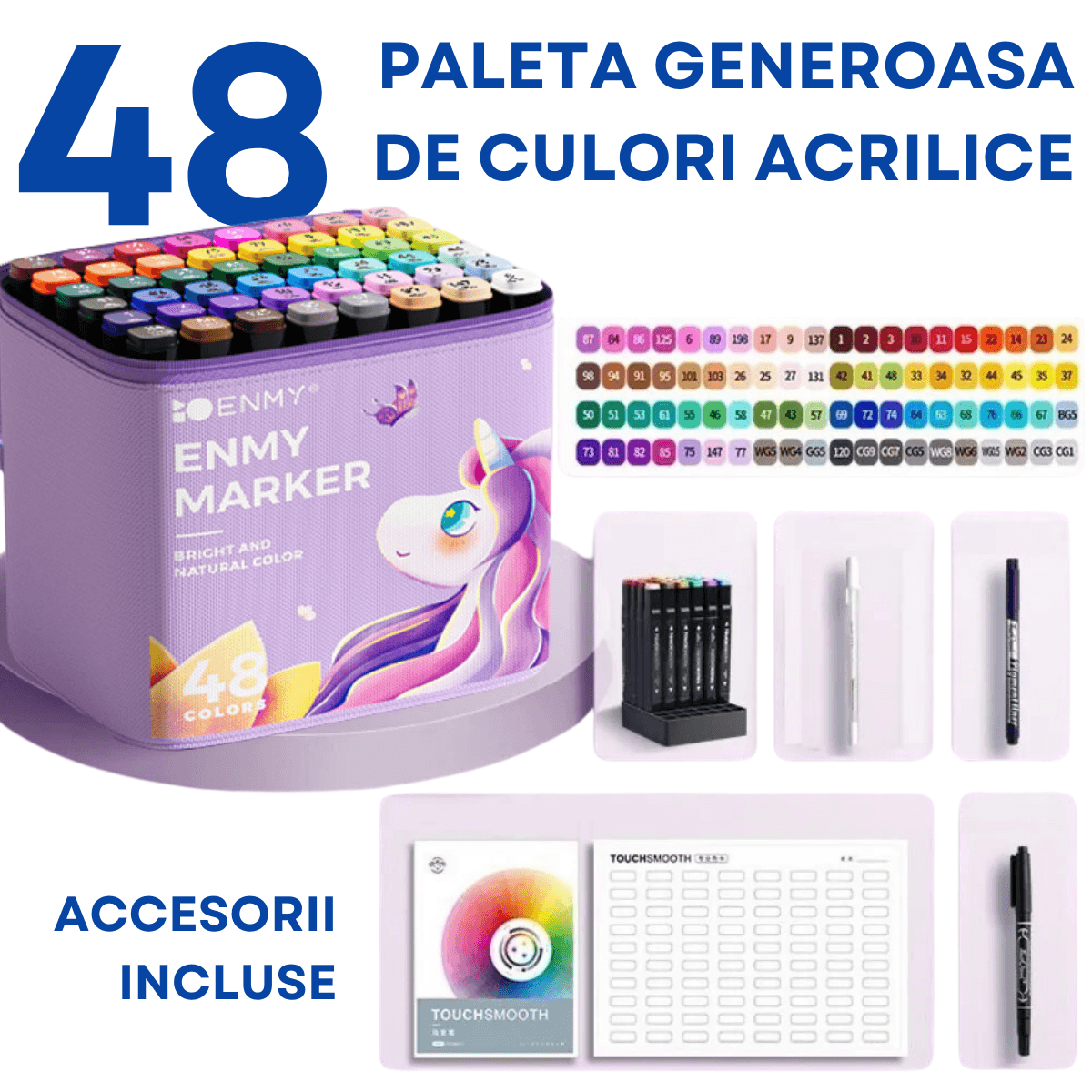 Set 48 de carioci profesionale, cerneala pe baza de alcool, Qova®, multicolore pentru desen, varf dublu subtire si gros