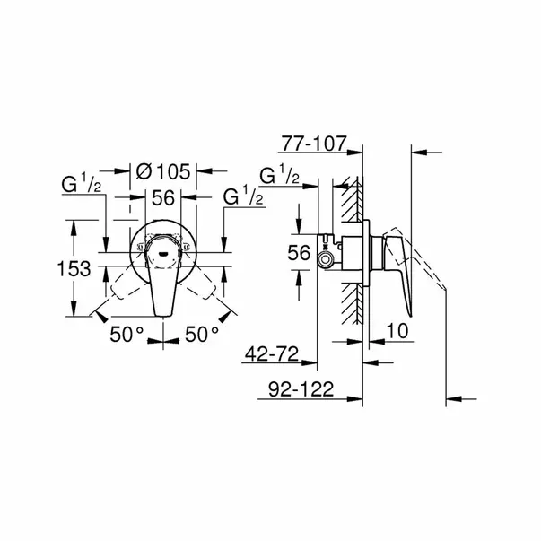 Baterie dus incastrata Grohe BauEdge New crom monocomanda — imaginea 2