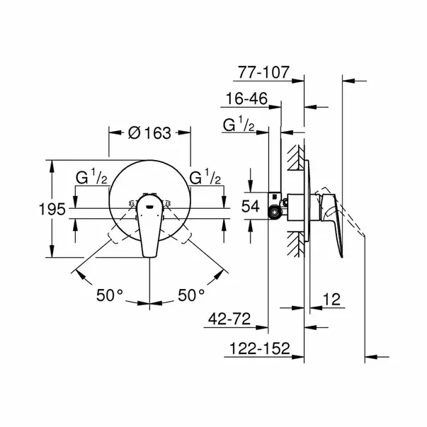 Baterie dus incastrata Grohe BauEdge New crom — imaginea 4