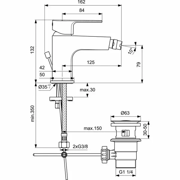 Baterie pentru bideu Ideal Standard Cerafine D cu ventil de plastic — imaginea 2
