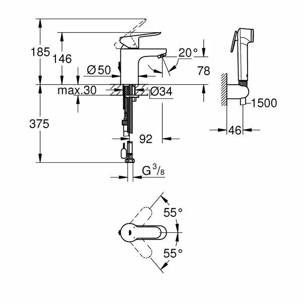 Baterie lavoar Grohe BauEdge S cu dus igienic crom lucios — imaginea 2