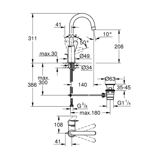Baterie lavoar Grohe BauEdge New L crom gat de lebada — imaginea 4