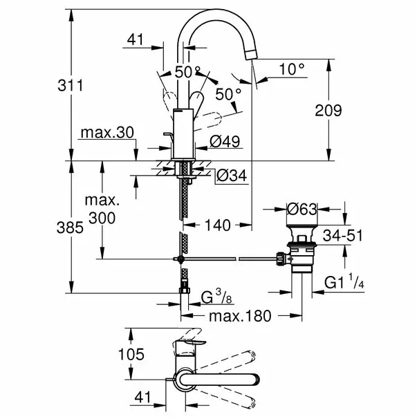 Baterie lavoar Grohe BauEdge L pipa tip C crom lucios — imaginea 2