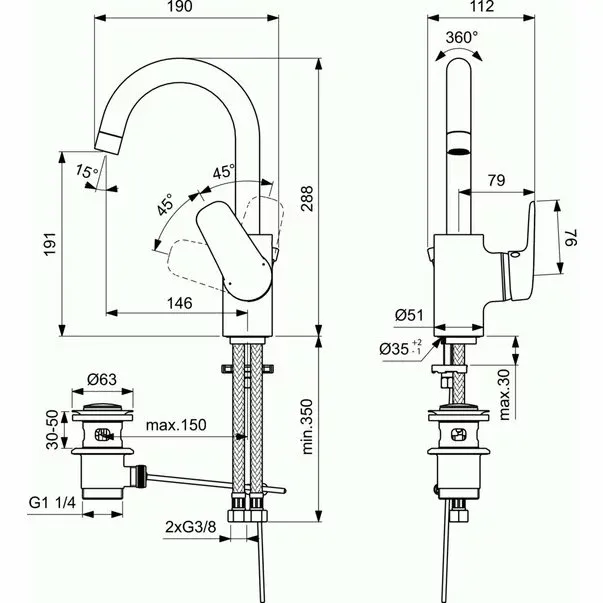 Baterie lavoar Ideal Standard Ceraflex cu pipa inalta — imaginea 3
