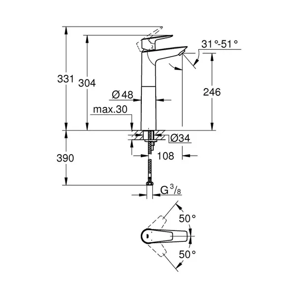 Baterie lavoar inalta Grohe BauEdge New XL crom — imaginea 4