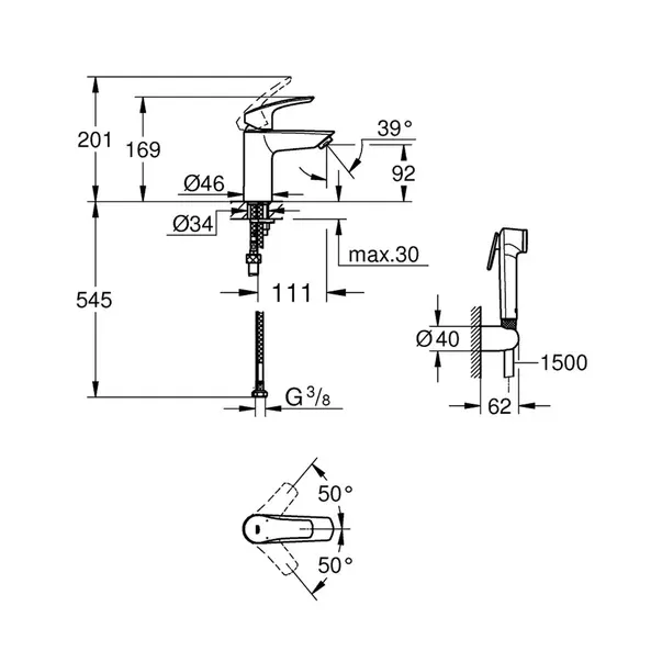 Baterie lavoar Grohe Eurosmart New S crom cu dus igienic — imaginea 3
