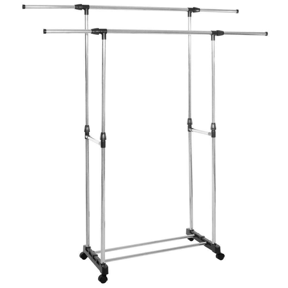 Suport pentru haine pe roti, sina dubla, reglabil pe inaltime si latime, din aluminiu cromat, 155x45x150cm, argintiu — imaginea 3