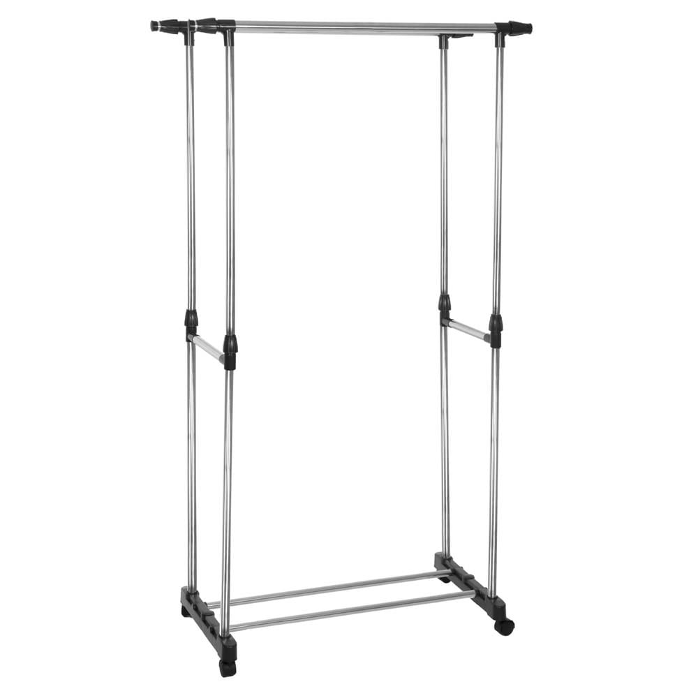 Suport pentru haine pe roti, sina dubla, reglabil pe inaltime si latime, din aluminiu cromat, 155x45x150cm, argintiu — imaginea 4
